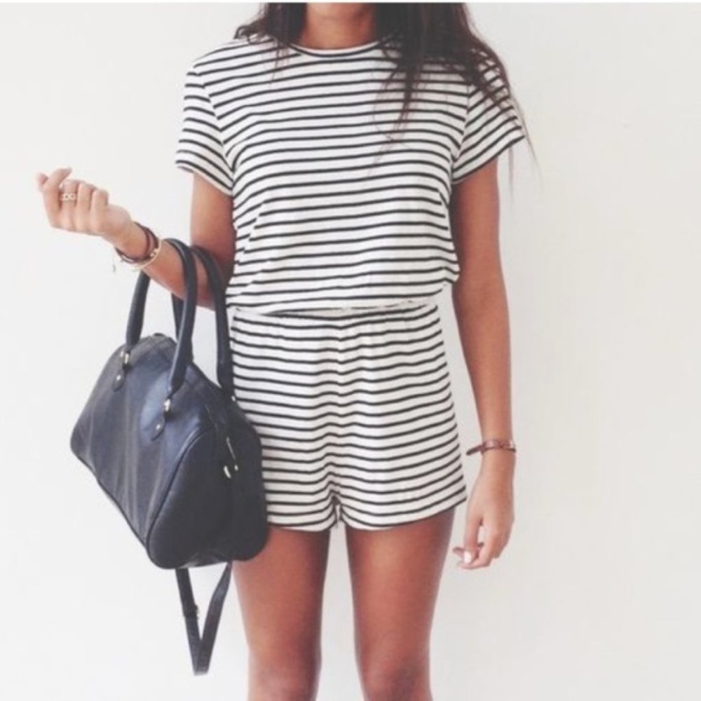 American Apparel Black White Striped Romper Small